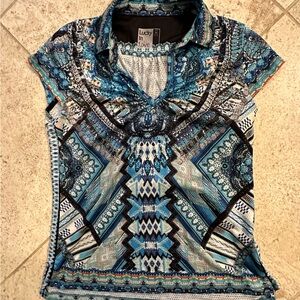 Lucky in Love cap sleeve Golf Shirt size XS Turquoise and Black